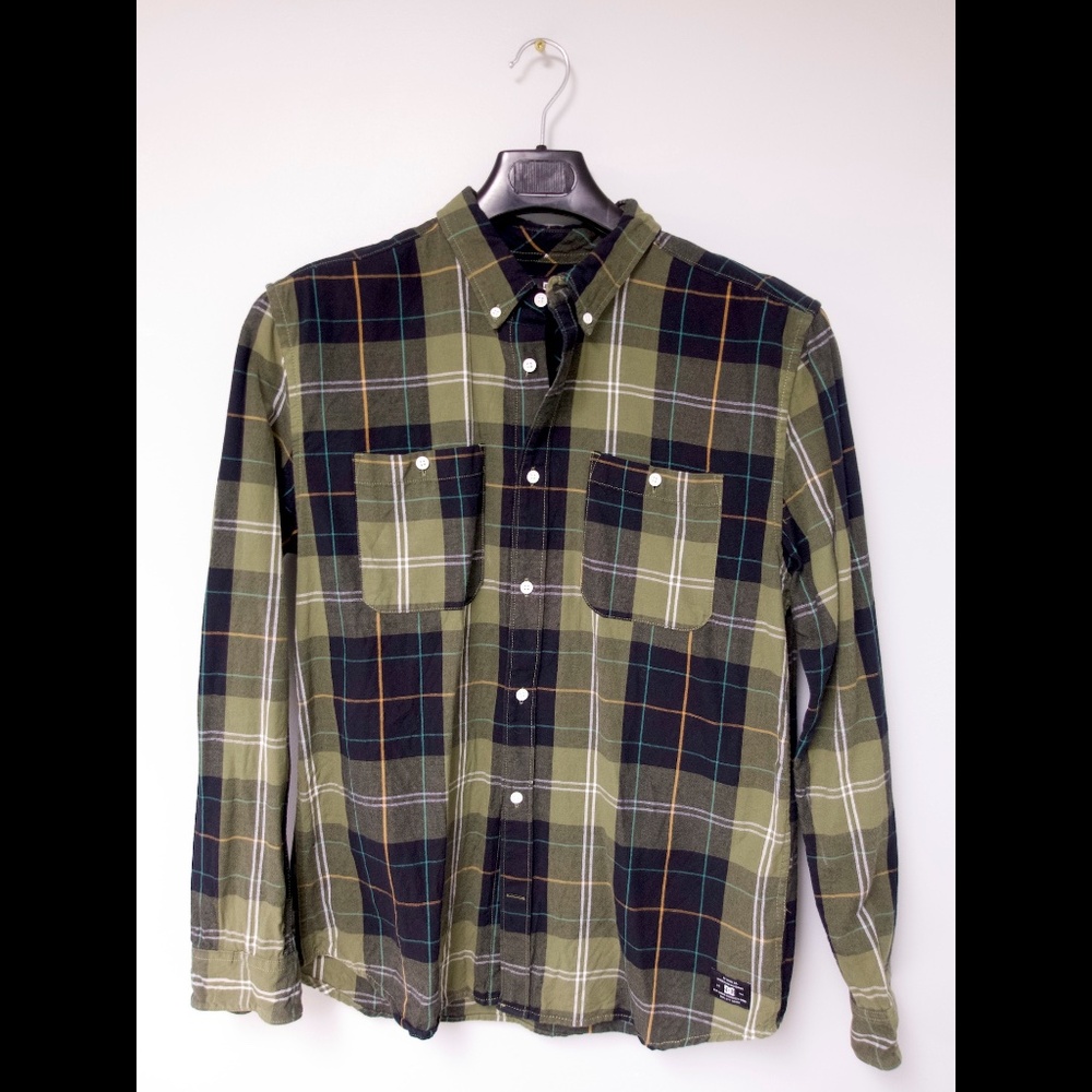 DC Shoe Co Olive Green Plaid Flannel Button Up Shirt Mens Large